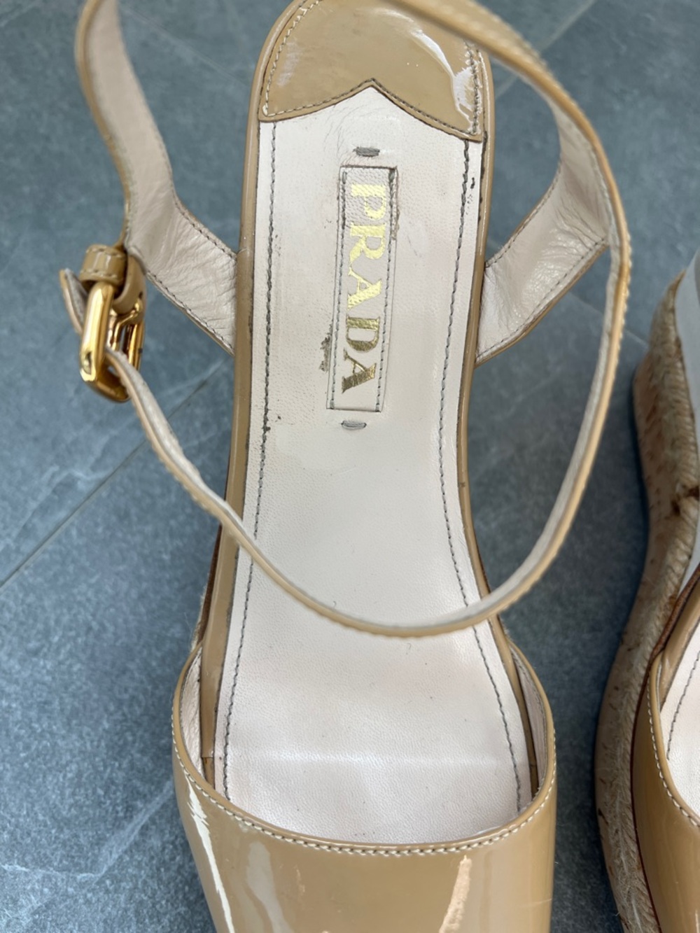 Prada Nude Patent Leather Espadrille Wedge Sandals - Picture 3 of 7